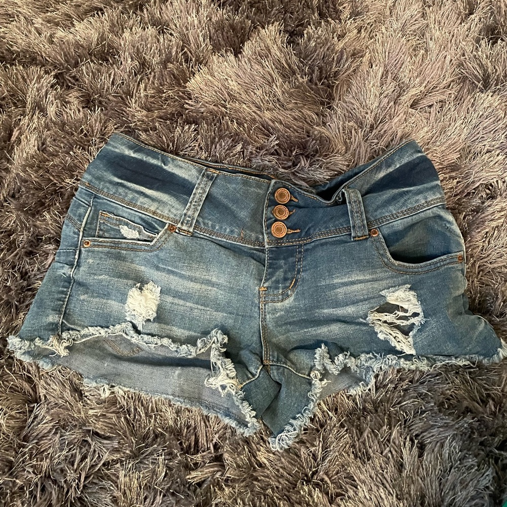 Low rise dark wash denim shorts